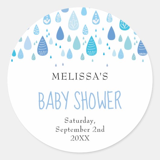 Schattigee Blue Raindrops Baby shower / Sprinkle Ronde Sticker (Voorkant)