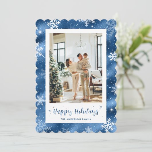 Schattigee Blue Snowy Photo Holiday Feestdagenkaart (Staand voorkant)