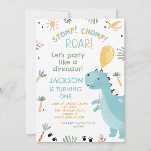 Schattigee Blue Stomp Chomp Party Dinosaurus 1e ve Kaart (Voorkant)