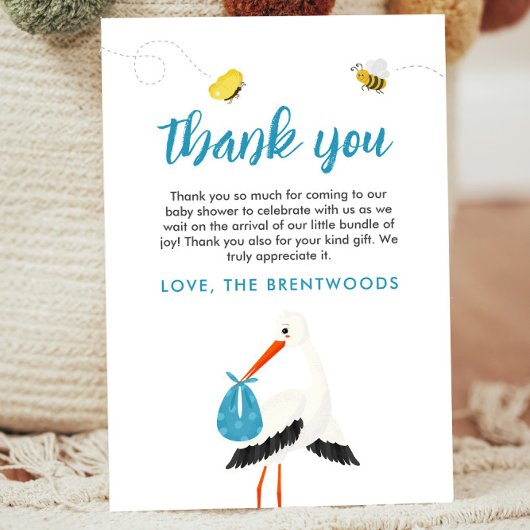 Schattigee Blue Stork Baby shower bedankkaart