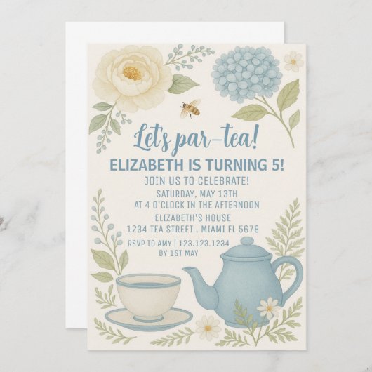 Schattigee Blue Tea Party Verjaardagsuitnodiging Kaart