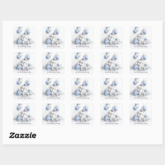Schattigee Blue Teddy Bear 1st Birthday Envelope S Vierkante Sticker (Vel)