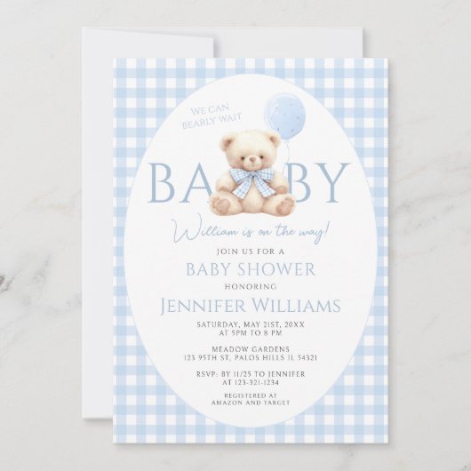 Schattigee Blue Teddy Bear Gingham Bow Baby Boy Sh Kaart (Voorkant)