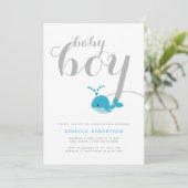 Schattigee Blue Whale Typography Baby Boy Shower Kaart (Staand voorkant)
