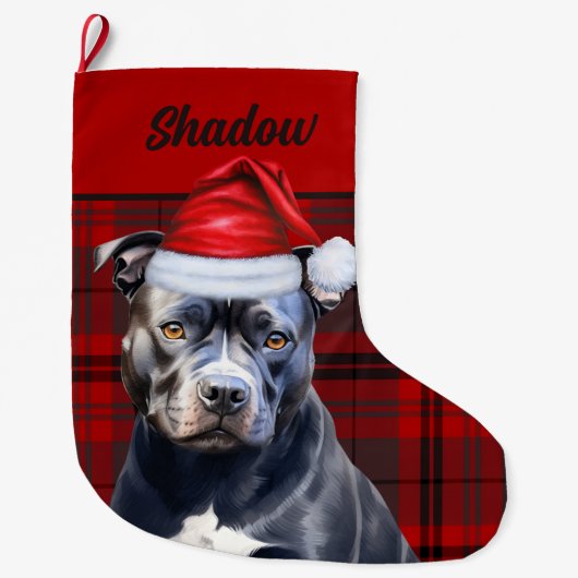 Schattigee Bluenose Pitbull Dog en Red Plaid Custo Grote Kerstsok (Voorkant)