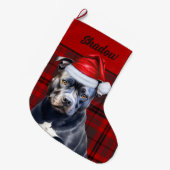 Schattigee Bluenose Pitbull Dog en Red Plaid Custo Grote Kerstsok (Voorkant (Hangend))