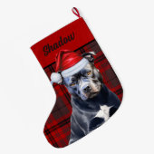 Schattigee Bluenose Pitbull Dog en Red Plaid Custo Grote Kerstsok (Achterkant (Hangend))