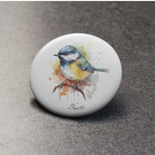 Schattigee Bluetit op een Branch, op maat Button Flesopener