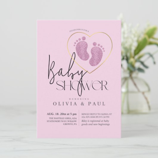 Schattigee Blush Roze Voeten Glitter Baby Meisje D Kaart (Staand voorkant)