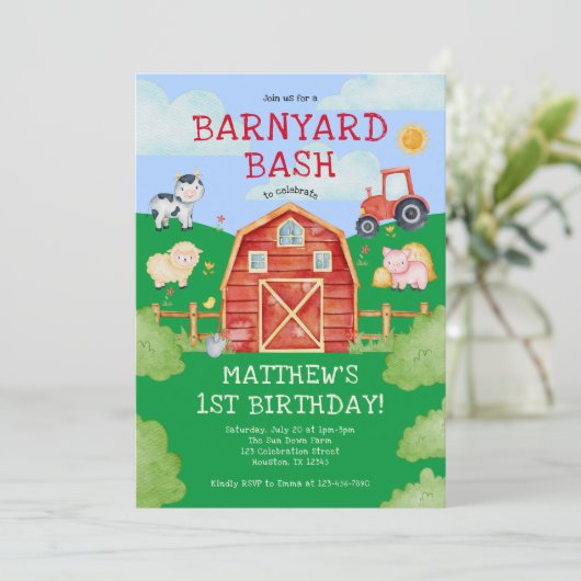 Schattigee Boerderijdieren Barnyard Bash 1e Verjaa Kaart (Staand voorkant)