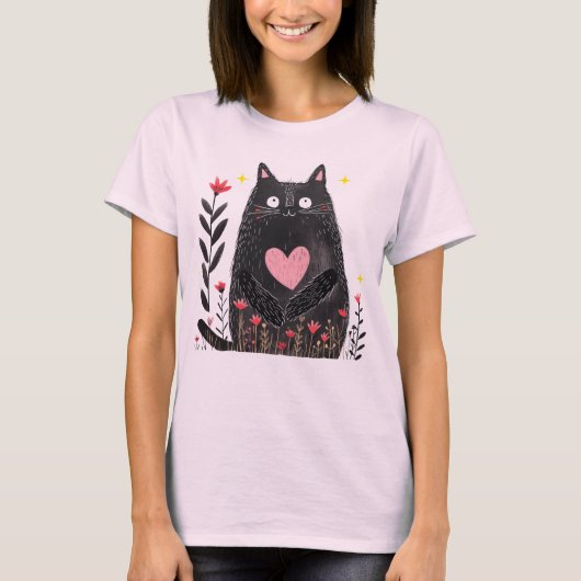 Schattigee Boho Bloemen Waterverf Zwarte Kat Kunst T-shirt (Voorkant)