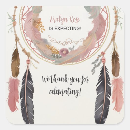Schattigee Boho Dreamcatcher Baby shower Party Vierkante Sticker (Voorkant)