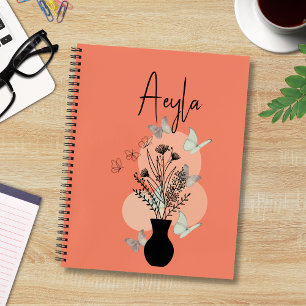Schattigee Boho Line Art Bloemen en Vlinders Zalm Notitieboek