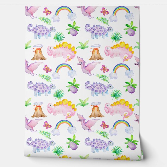 Schattigee Boho Roze & Paarse Dinosaurussen Regenb Behang (Afrollen)