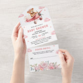 Schattigee Boho Teddy Bear Roze Vliegtuig Baby sho All In One Uitnodiging (Afscheurbaar)