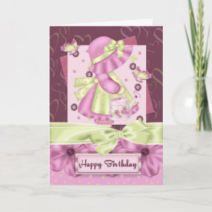 Schattigee Bonnet Girl Flower en Butterfly Verjaar Kaart