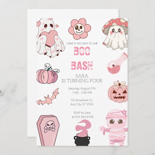 Schattigee Boo Bash Part Roze Verjaardag Kaart (Voorkant / Achterkant)