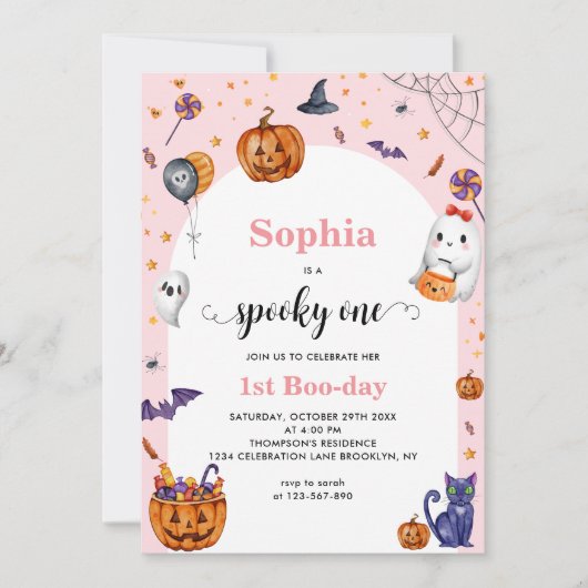 Schattigee boog roze spooky een 1e Halloween Verja Kaart (Voorkant)