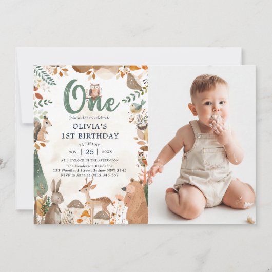 Schattigee bosdieren 1e verjaardag foto kaart (Voorkant)