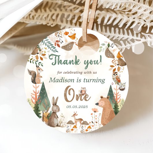 Schattigee bosdieren 1e verjaardagsfeest bedankjes labels