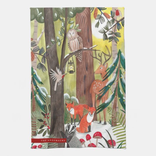 Schattigee bosdieren groen bos kerst theedoek (Verticaal)