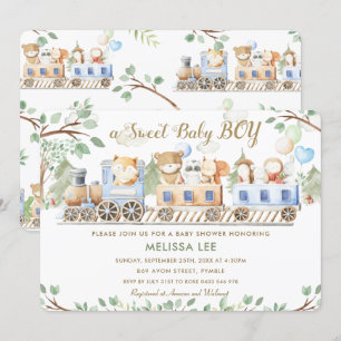 Schattigee bosdieren Train Greenery Baby shower Kaart