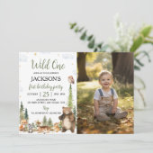 Schattigee bosdieren Wild One 1st Birthday Foto Kaart (Staand voorkant)