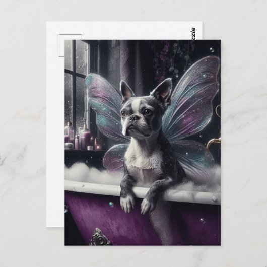 Schattigee Boston Terrier Fairy in een Paarse badk Briefkaart (Voorkant / Achterkant)