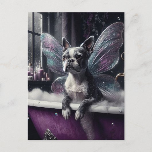 Schattigee Boston Terrier Fairy in een Paarse badk Briefkaart (Voorkant)