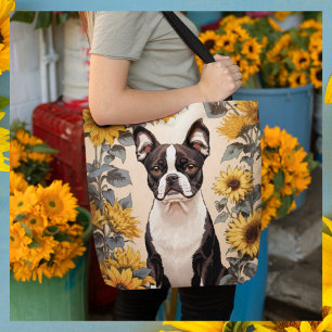 Schattigee Boston Terrier gele zonnebloemen Draagtas