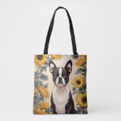 Schattigee Boston Terrier gele zonnebloemen Draagtas (Voorkant)