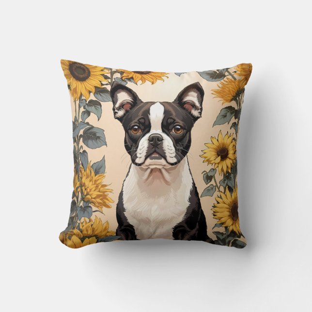 Schattigee Boston Terrier gele zonnebloemen Kussen (Voorkant)