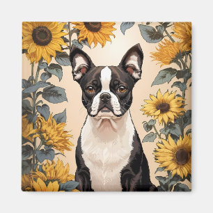 Schattigee Boston Terrier gele zonnebloemen Magneet