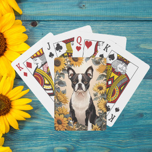 Schattigee Boston Terrier gele zonnebloemen Pokerkaarten