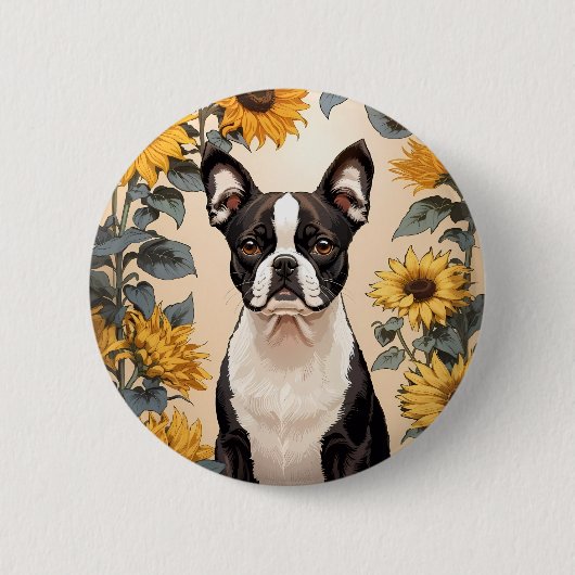 Schattigee Boston Terrier gele zonnebloemen Ronde Button 5,7 Cm (Voorkant)
