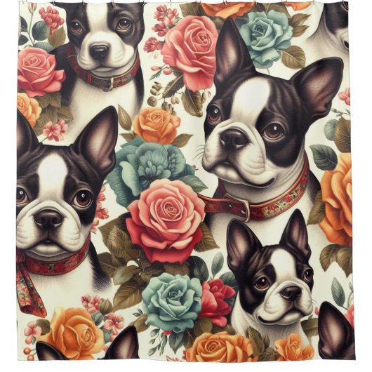Schattigee Boston Terrier Illustratie Douchegordijn (Voorkant)