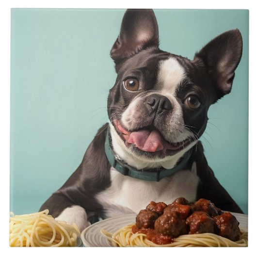 Schattigee Boston Terrier met Spaghetti Bolognaise Tegeltje (Voorkant)