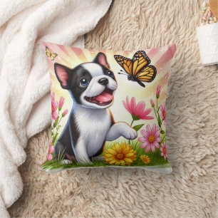 Schattigee Boston Terrier puppy spelen met vlinder Kussen