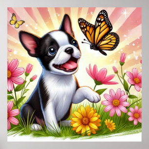 Schattigee Boston Terrier puppy spelen met vlinder Poster