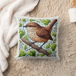Schattigee Brown Wren Glas in lood look, bewerkbar Kussen