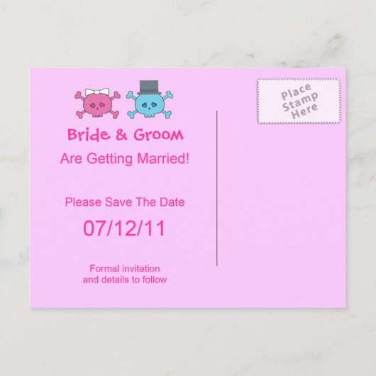 Schattigee bruid & bruidegom schedels Save the Dat Aankondigingskaart (Achterkant)