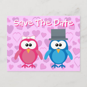 Schattigee bruid & bruidegom uilen Save the Date W Aankondigingskaart