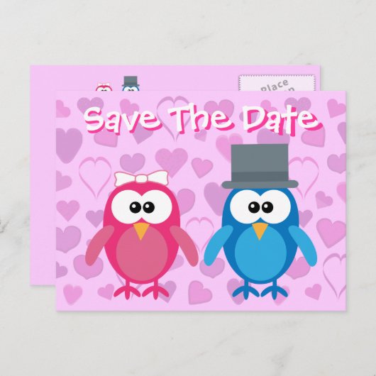 Schattigee bruid & bruidegom uilen Save the Date W Aankondigingskaart (Voorkant / Achterkant)