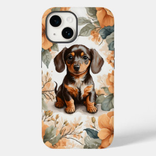 Schattigee bruine Dachshund Puppy Peach Floral Case-Mate iPhone 14 Hoesje