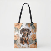 Schattigee bruine Dachshund Puppy Peach Floral Draagtas (Voorkant)