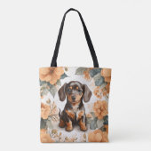 Schattigee bruine Dachshund Puppy Peach Floral Draagtas (Achterkant)