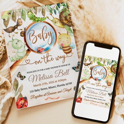 Schattigee Bug & Caterpillar Baby shower Kaart