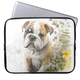 SCHATTIGEE BULLDOG PUPPY DOG EN WILDE BLOEMEN LAPTOP SLEEVE