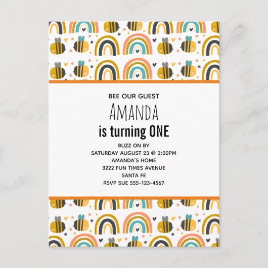 Schattigee Bumble Bee en Rainbows Pattern Verjaard Uitnodiging Briefkaart (Voorkant)