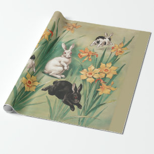 Schattigee Bunnies met Daffodil Flowers Antiek Pas Cadeaupapier